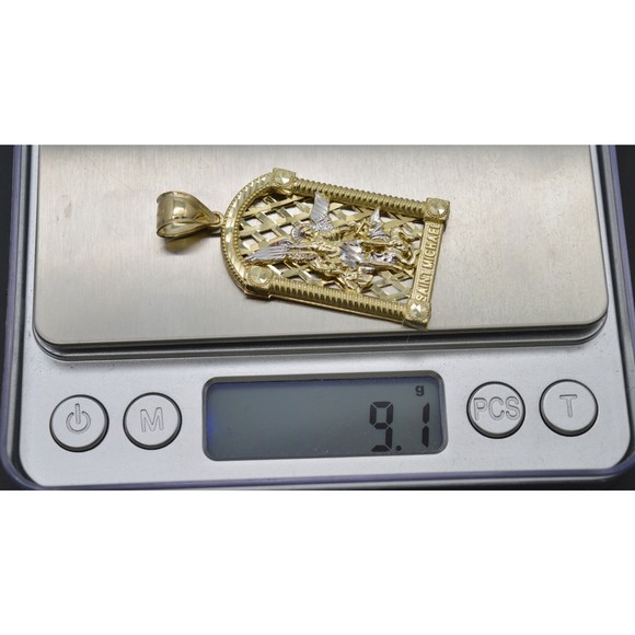 Real Solid 10K Yellow White Gold Shiny Diamond Cut Saint Michael Pendant 9.1gr - Picture 6 of 7